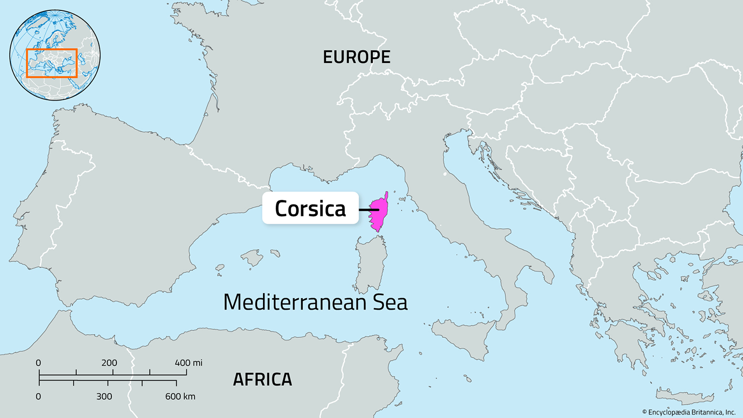 A map shades in the location of Corsica in the Mediterranean Sea and in relation to the locations of Africa and the rest of Europe.
