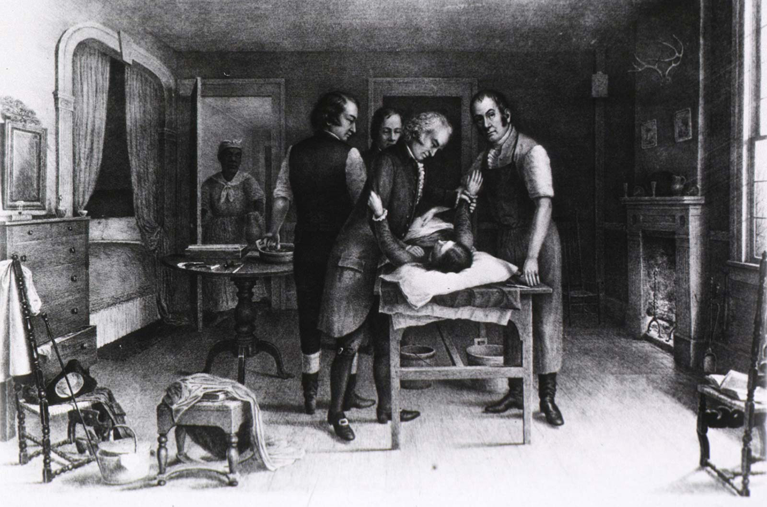 Four men in 19th century clothing stand around a patient on an operating table as a woman in a maid or nurse uniform watches from a doorway.