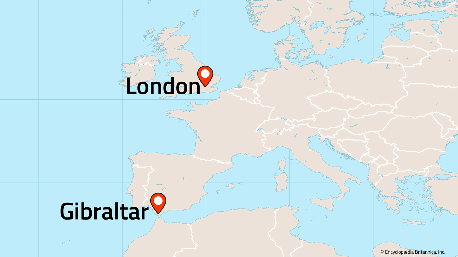 A map of Europe and northern Africa shows the relative locations of London and Gibraltar.