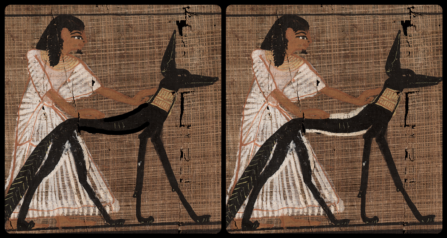An ancient Egyptian painting of the jackal god Wepwawet with white “correction fluid” around its outline side by side with the same painting without the correction fluid.