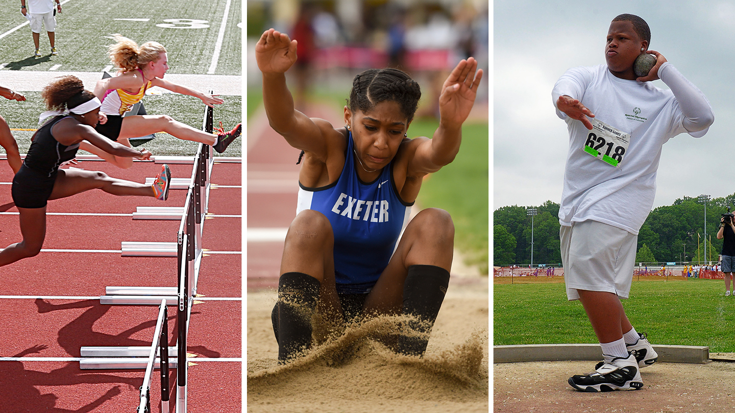 A composite shows young athletes jumping hurdles, landing in sand, and preparing to throw a shot put.