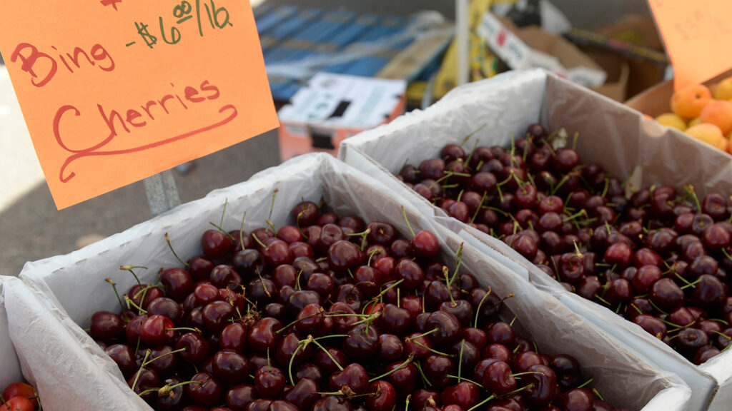 Bing cherries are in lined boxes at a market with a sign that reads Bing cherries along with the price.