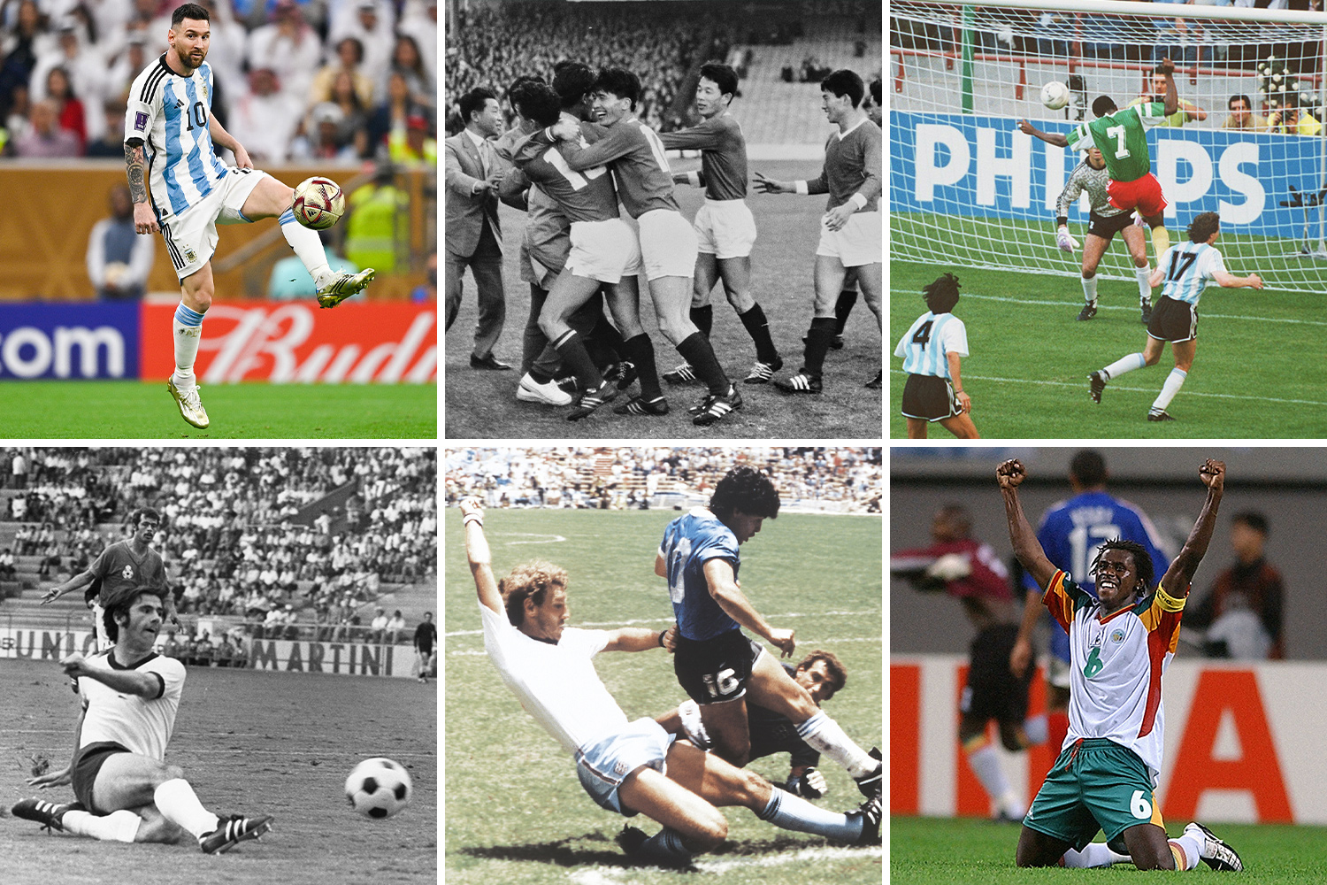 A composite shows six views of players on the field from various World Cup events.