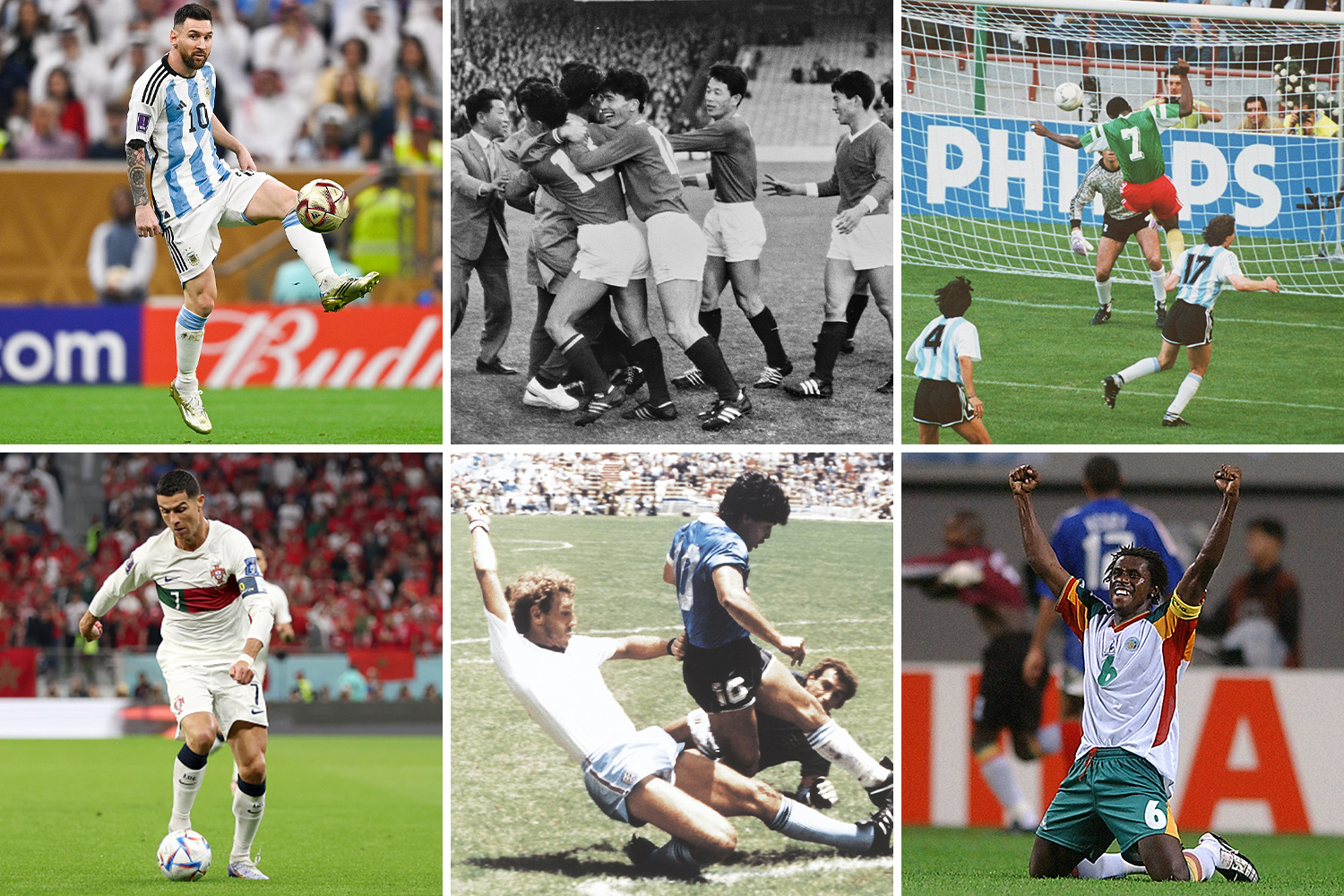 A composite shows six views of players on the field from various World Cup events.