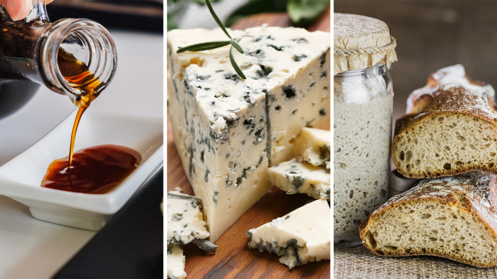 A composite shows soy sauce being poured, cheese with green veins, and bread next to a jar of starter.