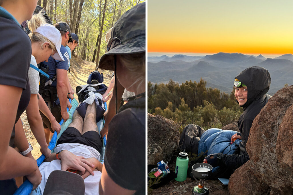 A man with a leg injury is carried on a stretcher by several people, and a young woman in an anorak poses in front of a sunset.