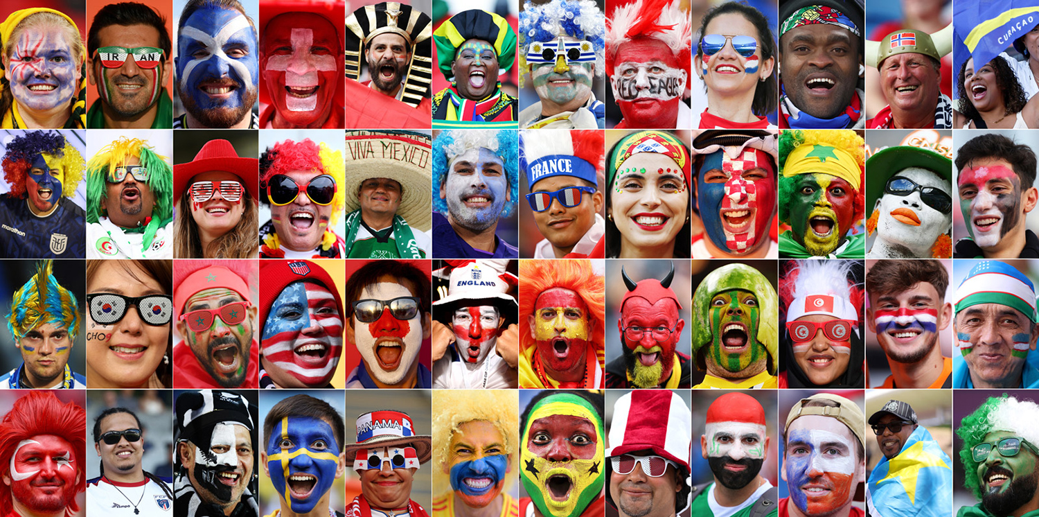 A composite shows fans from each of the World Cup participant countries wearing their flag colors, some with painted faces.