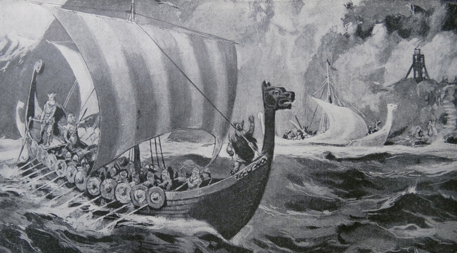 An illustration shows two Viking longships with dragon heads in the front moving past land on rough seas.