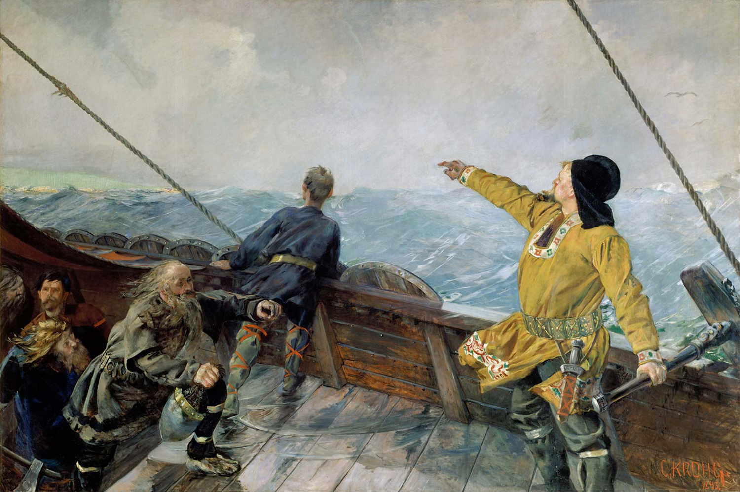 Aboard a longship on a rough sea, Lief Eriksson points in one direction.