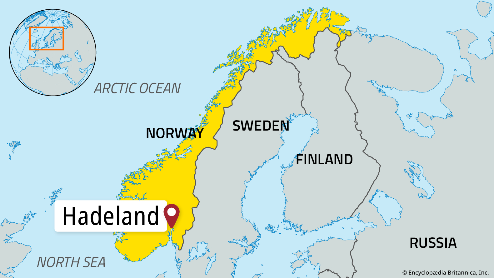 A map shows Scandinavia with included and neighboring countries and seas labeled. Hadeland, Norway, is also labeled.