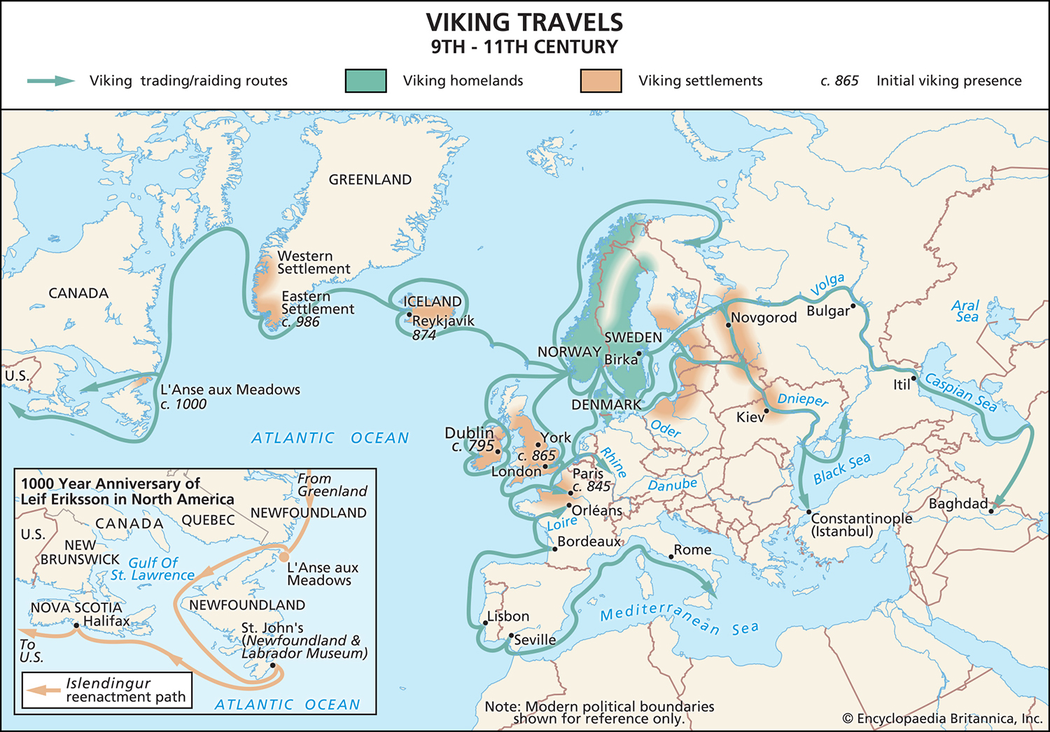 A map shows Viking trading routes, homelands, and settlements between the ninth and eleventh centuries.