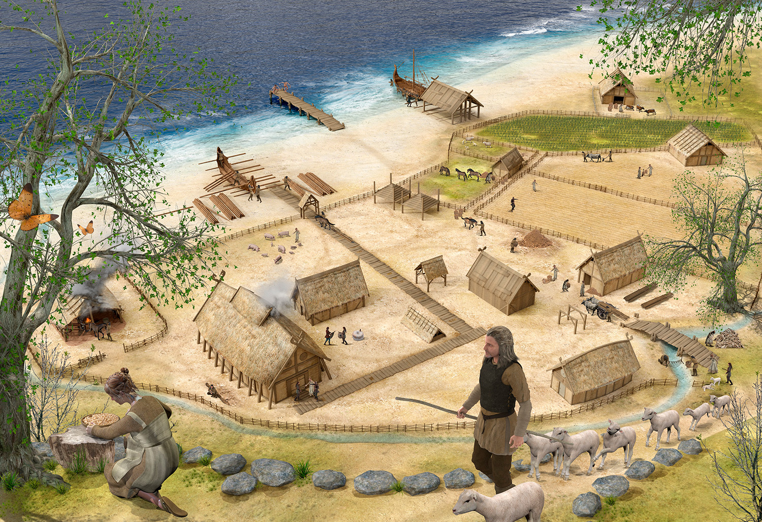 A Viking village includes a shepherd, wooden houses, and a dock with long ships by the sea.