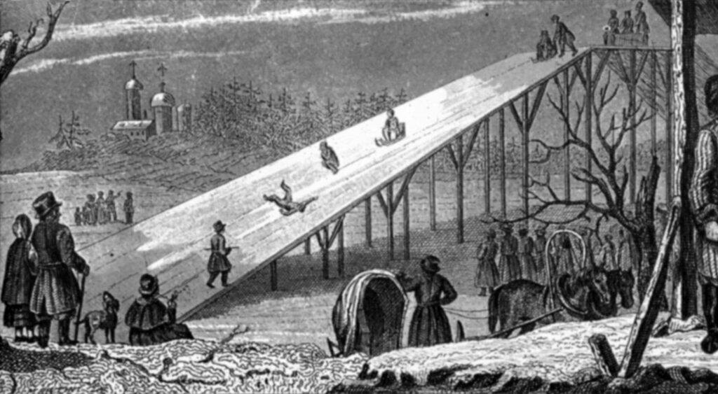 People slide and tumble down an icy slope as spectators in 18th or 19th century clothing observe.