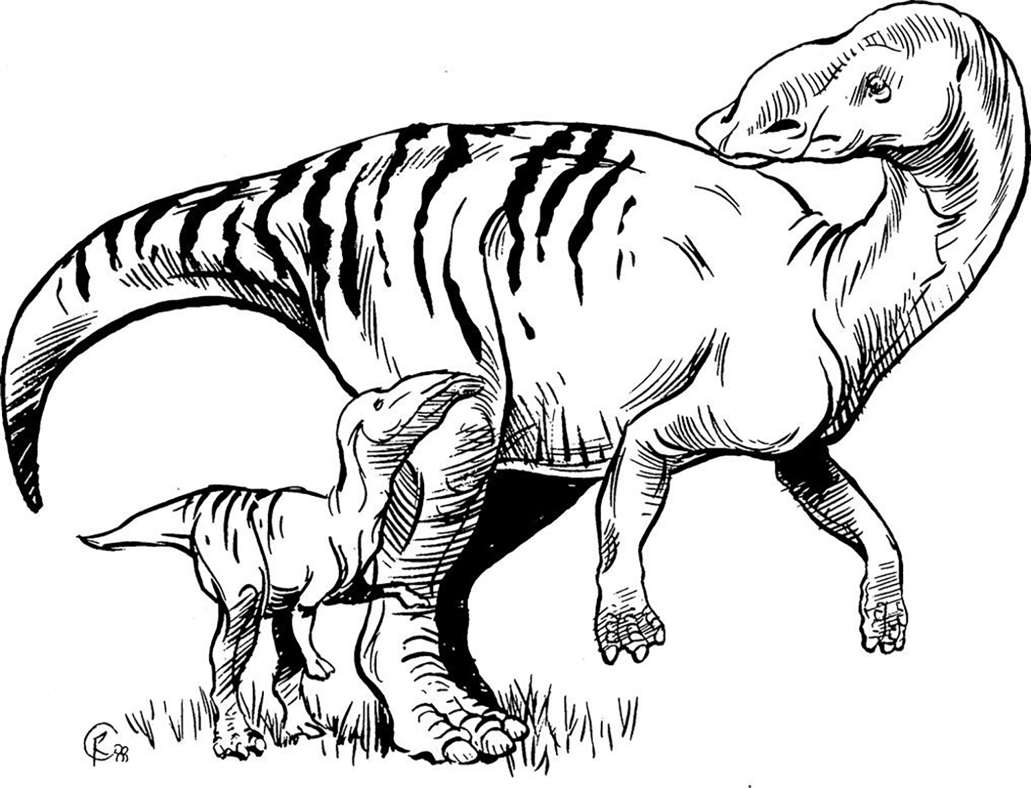 An illustration shows an adult dinosaur looking over its shoulder at a young dinosaur that is next to it.