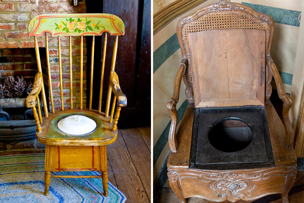 A small slatted commode chair next to a fireplace and a more substantial commode chair with carvings in the corner of a room.