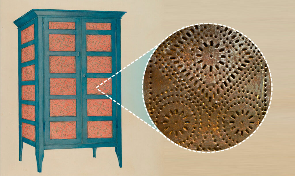 An illustration of a cabinet with an inset showing what the ventilated plate of a pie cabinet might look like up close.