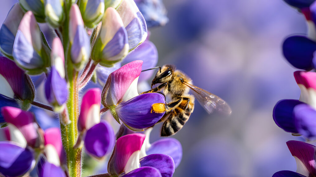 Closeup of a bee collecting nectar from a pink and purple flower