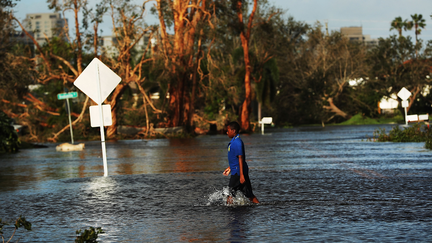 A young person walks through a flooded street with street signs partially submerged and some trees in the background.