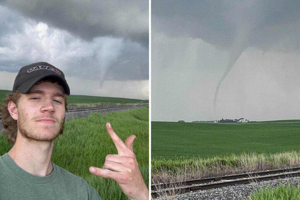 A composite image shows Aaron Rutley posing with a tornado in the background and an image of a different tornado near buildings in a rural area.