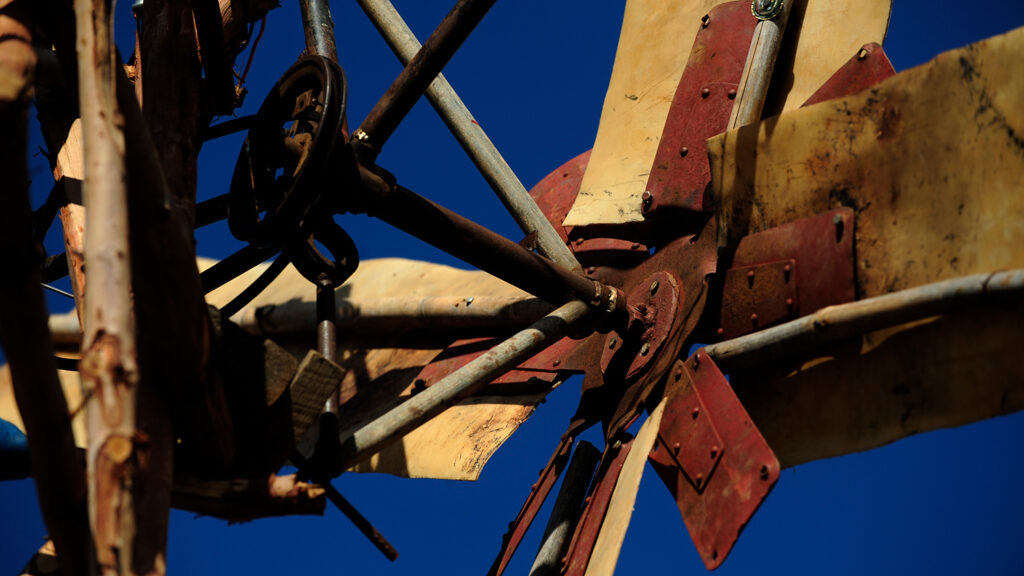 A closeup shows the backs of the blades of one of William Kamkwamba’s early windmills.