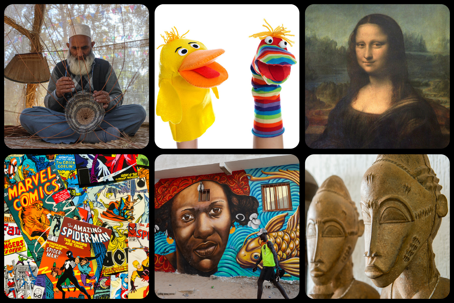 A composite shows a man weaving, two bird hand puppets, the Mona Lisa, comic book covers, an outdoor wall mural, and two sculpted faces.