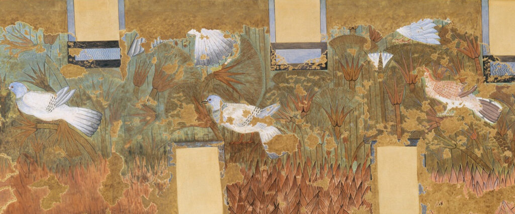 The ruins of a painted mural shows two pigeons and another bird against a backdrop of vegetation.