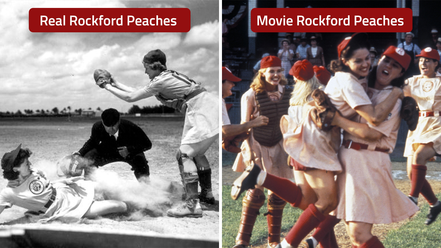 A member of the Rockford Peaches team sliding into a base next to a photo of Rosie O’Donnell, Madonna, and others as Rockford Peaches in the movie A League of Their Own.