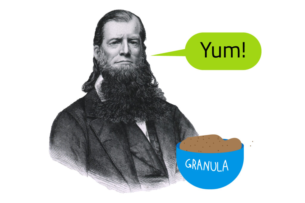 A portrait of James Caleb Jackson has a speech bubble saying Yum and a bowl of granula.