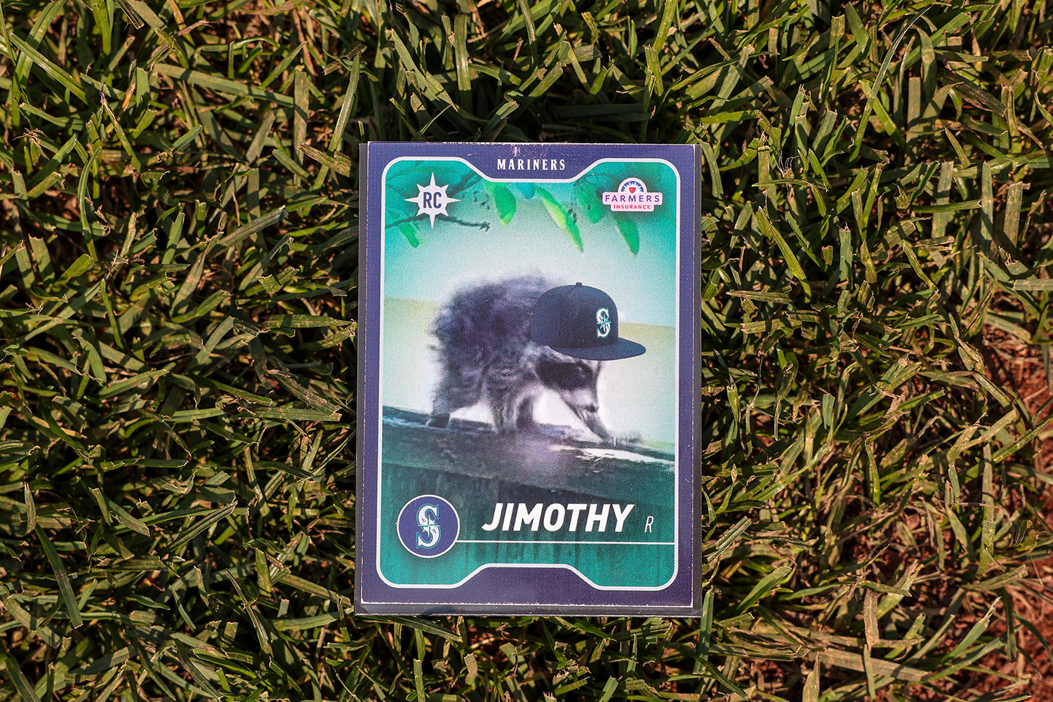 A Mariners baseball card shows a photo of Jimothy walking on a fence.