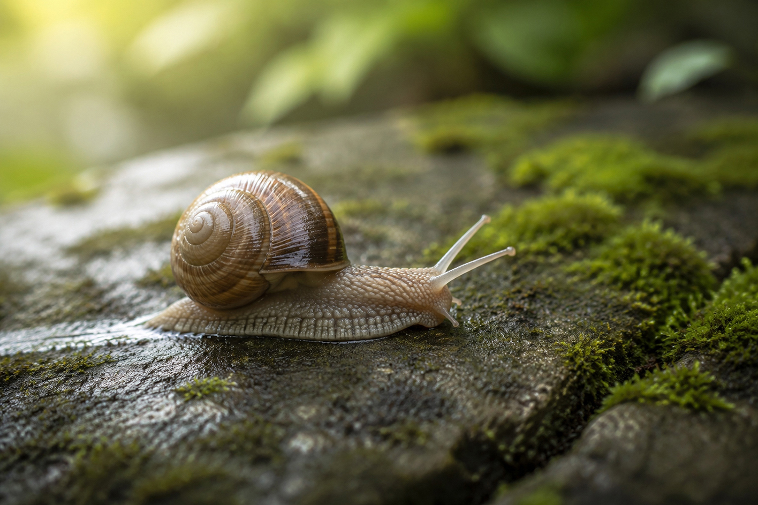 A snail on a mossy stone has left a trail of mucus.