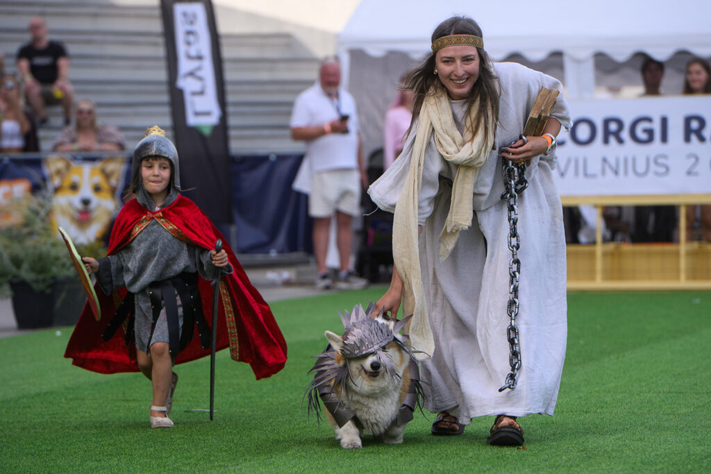 A woman in a costume guides a corgi in a knight costume as a boy in a knight costume walks alongside them.