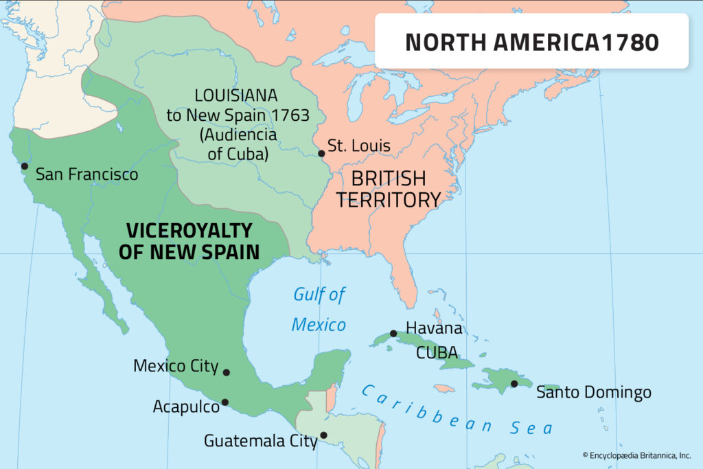 A map labeled “North America 1780” shows New Spain, which stretches from parts of the western United States down to Mexico.