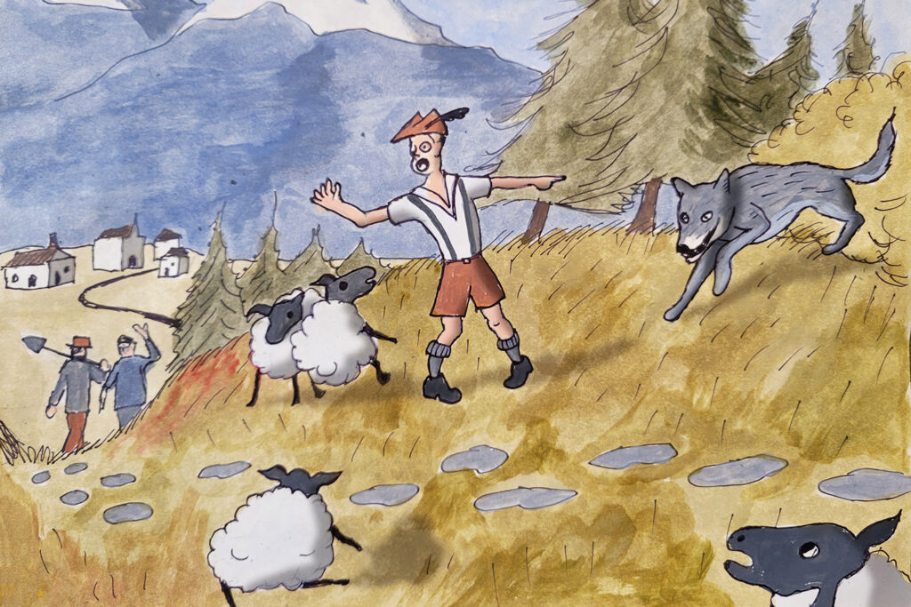 An illustration from “The Boy Who Cried Wolf” shows a boy on a hill trying to protect sheep from an approaching wolf.