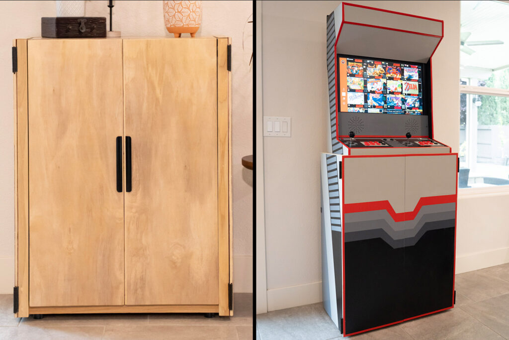 A wooden cabinet next to a full sized arcade machine