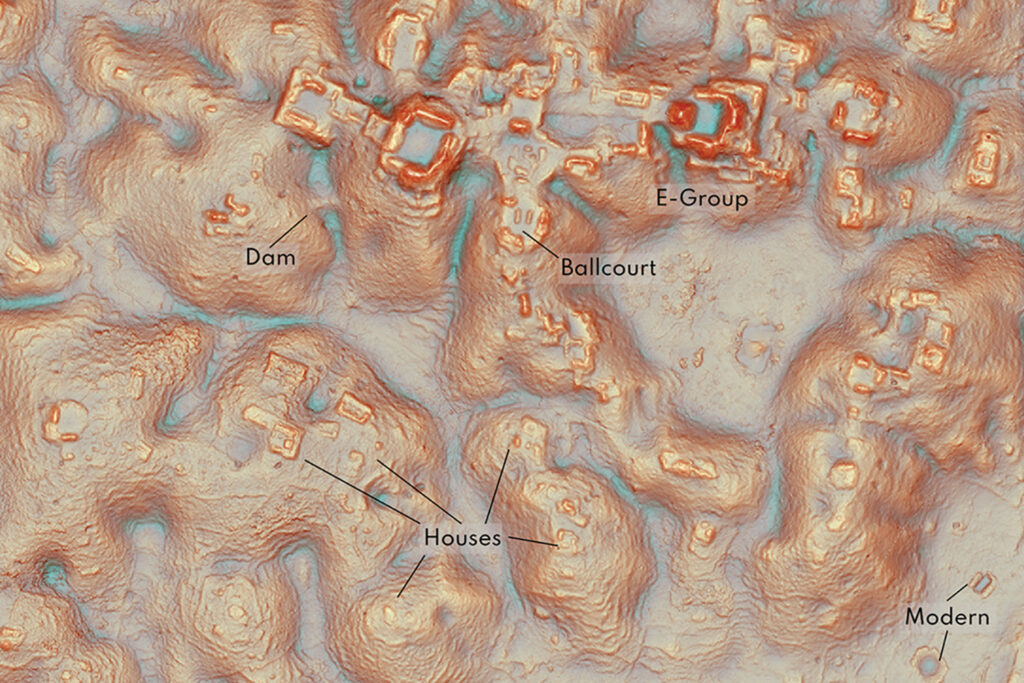 A lidar image with labels showing a dam, a ball court, and houses.