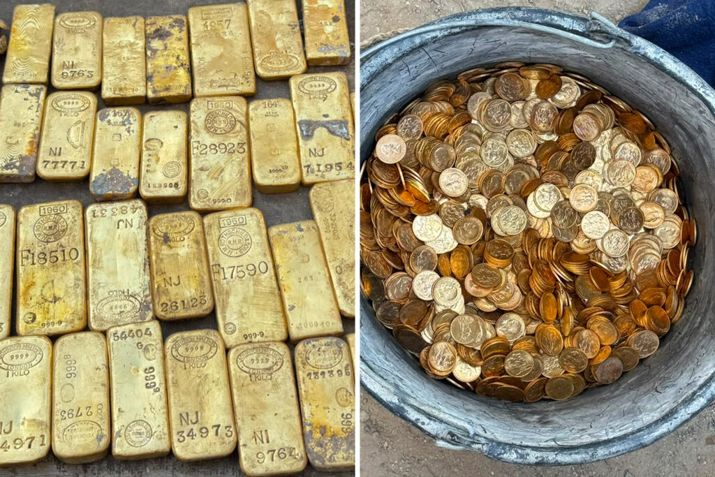 Closeup views show gold bullion bars on a table and gold coins in a bucket.