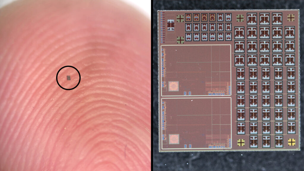 A tiny robot is seen on a closeup of a human finger and several tiny robots are arranged on a microchip.
