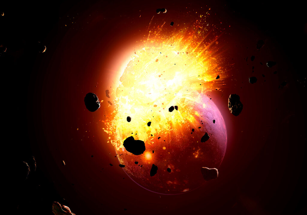 A planet-shaped object has hit Earth, creating flames and flying rocks.