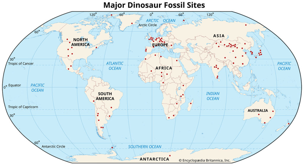 A world map shows dots at all the major dinosaur fossil sites, and they are located on all the continents.