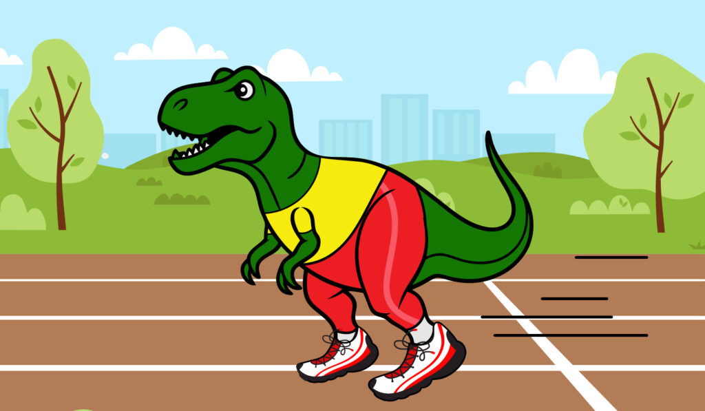 A dinosaur wears a tracksuit and sneakers and runs on a track.