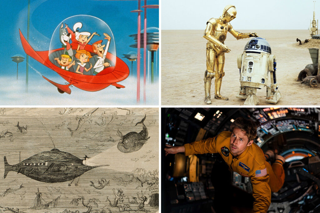 A composite shows images from the Jetsons, Star Wars, 20,000 Leagues Under the Sea, and Project Hail Mary.
