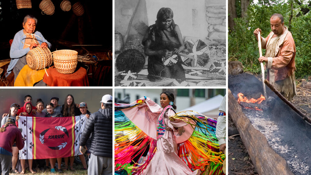 A composite of five images showing people from different Indigenous groups engaged in basket weaving, dancing, and other activities.