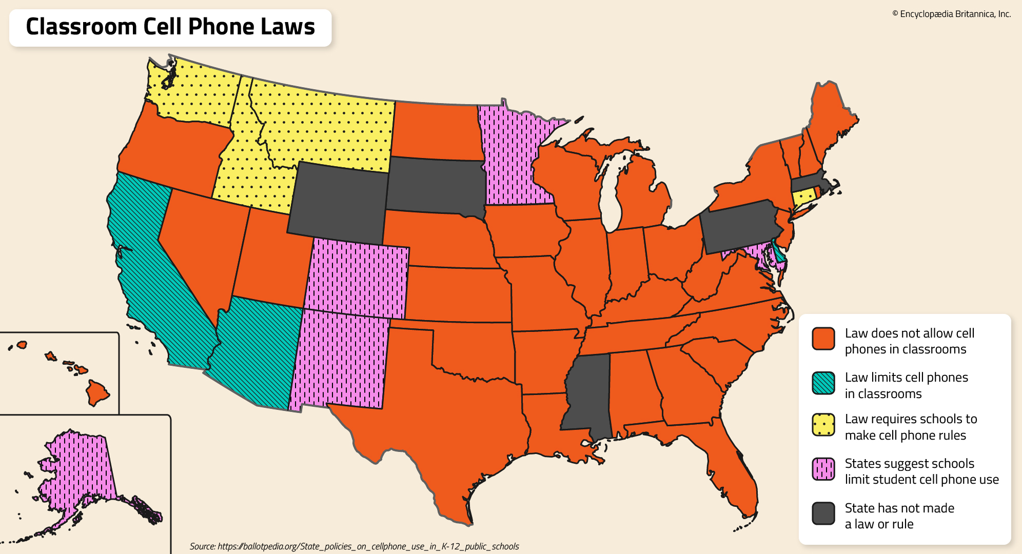 A map of the United States uses colors to show the school cell phone policies across the country, by state.