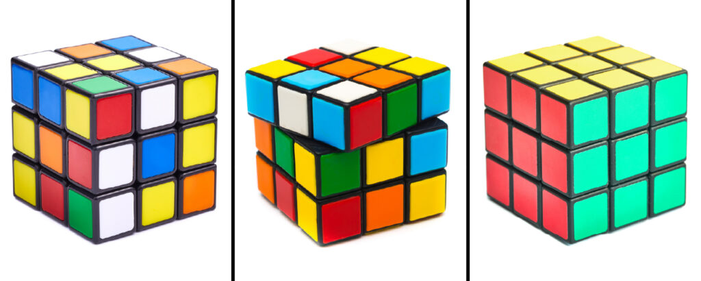 A composite shows a Rubik’s Cube before solving, in the middle of being solved, and solved.