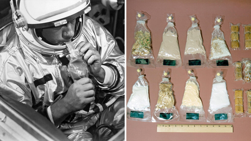 A man in a space suit eats food from a tube and a number of tubes containing solids and liquids are laid out on a surface.