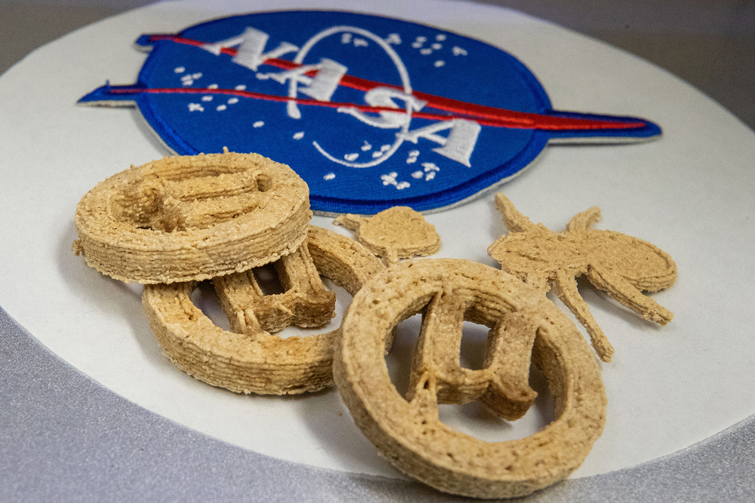 Brown cookies in different shapes are arranged next to a fabric patch with the NASA logo.