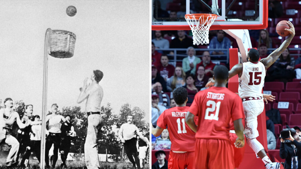 Players in the 19th century play a basketball game using a peach basket, and a player in a 21st century game goes for a slam dunk into a hoop with a net.