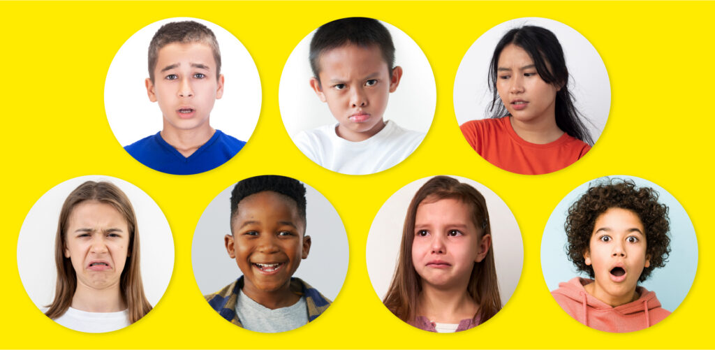 Seven children each display a different facial expression against a yellow background.