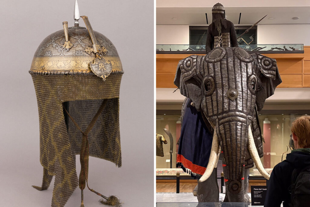 A 16th-century Indian helmet with metal on top and mesh on the sides is displayed, and a person in a museum looks at Indian armor that was made for and is in the shape of an elephant’s head.