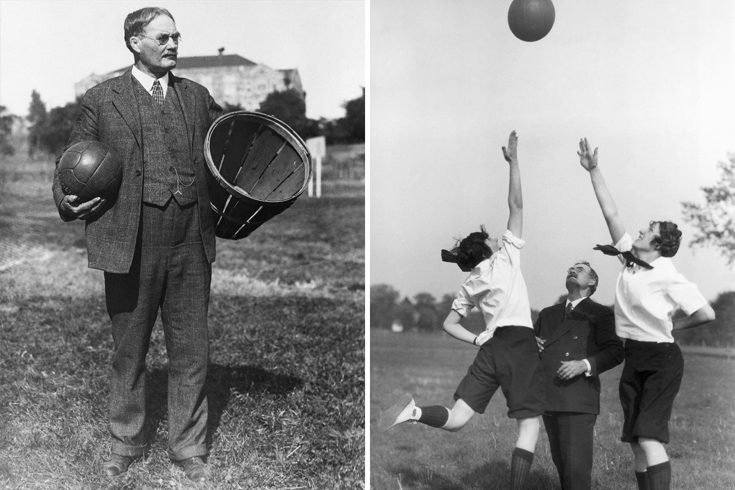 James Naismith holds a basketball in one hand and a peach basket in the other, and two young women in uniform reach for a basketball as James Naismith stands behind them.